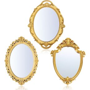 3 Styles Vintage Gold Mirror Set Decorative Oval Wall Mirror Small Antique Aesthetic Hanging Mirror Retro Wall Mirror for Bedroom Living Room Dresser Decor