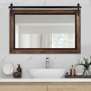 YOSHOOT Farmhouse Barn Door Mirror, 40"x26" Rustic Bathroom Mirror, Wood Frame Wall Mirror, Wooden Mirror for Living Room Bedroom Entryway Wall Décor, Horizontal Hanging ONLY
