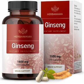 HERBAMAMA Korean Panax Ginseng Capsules - 1600mg Red Ginseng Root for Brain & Energy Support - Vegan, Non-GMO Korean Red Panax Energy Supplement, 100 Caps