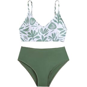 GORGLITTER Girl's Two Piece Tropical Print Bikini Set Wireless Bralette High Waist Hipster Swimsuit