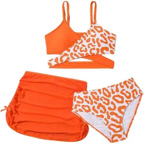 Girls Swimsuits 3 Piece Bathing Suit Leopard Printed Bikini Set with Cover Up Skirt Summer Beach Swimwear 6-15 Years