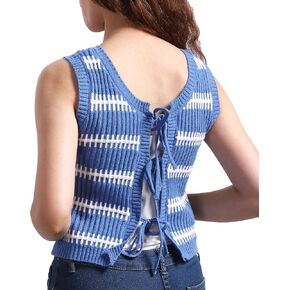 Sweater Vest Women Casual Sleeveless Crochet Tops Color Block Tie Back Knit Tank Tops with Pockets