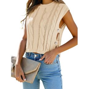 Saodimallsu Womens Cropped Sweater Vest Cap Sleeve Cable Knit Crew Neck Side Slit Button Y2k Summer Crop Tank Tops
