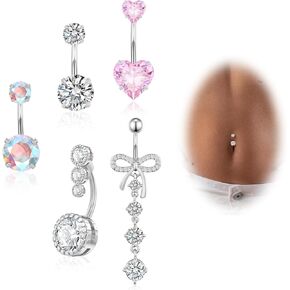 Gold Belly Button Ring,14G Surgical Stainless Steel Non Tarnish Belly Rings,Hypoallergenic Lightweight Pink Cute CZ Heart Bow Dangle Navel Piercing jewelry for Women