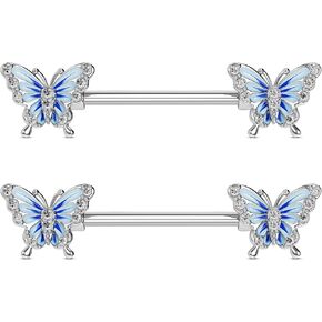 OUFER 2PCS 14G حلقات الحلمة ، مجوهرات ثقب الفراشة الزرقاء ، 316L من الفولاذ الجراحي الصلب الحديد ، حلقات الحلمة للنساء