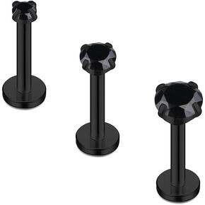 Ruifan Black Plated Stainless Steel 2mm 3mm 4mm Black CZ Gem Internally Threaded Labret Monroe Lip Ring Tragus Nail Helix Earring Stud Barbell Piercing Jewelry 16G 8mm 3pcs