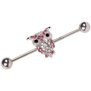 14G Industrial Stainless Steel Barbell - Owl w/ Pink Gems - 14 Gauge Cartilage Industrial Ear Piercing Jewelry silver