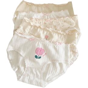 Cute Panties Floral Underwear Tulip Lace Trim Bow Kawaii Soft Sweet Schoolgirl 5-Pack Women Girls Teens Briefs