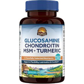 Vitalitown Glucosamine Chondroitin MSM, Turmeric, Collagen, Hyaluronic Acid, Boswellia, Quercetin, 11-in-1 Formula, Glucosamine Sulfate 1500 mg, No Shellfish, Flexibility & Comfort, 240 Caps