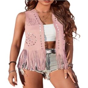 Women's Vintage Cowgirl Tassel Vests 70s Hippie Sleeveless Fringe Waistcoat Hollow Out Western Jacket Gilet