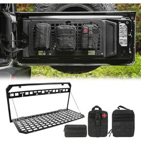 طاولة الباب الخلفي رف البضائع التخزين الخلفي متوافق مع 2017-2024 Jeep Wrangler JKU & JL JLU STORAGE STORAGE SHELL MOLLE مع 3 أكياس تخزين (لا تتناسب مع نماذج مكبر الصوت المنخفضة)