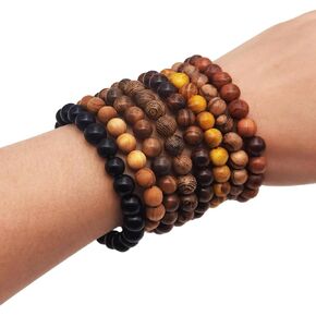 8 Pieces Natural Wood Elastic Beaded Bracelet for Men and Women