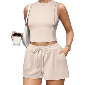 OQQ Two Piece Sets for Women Summer Outfits Lounge Sets Crew Neck Tops Wide Leg Shorts Vacation Travel