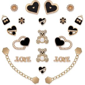 20 PCS Bling Shoe Charms for Women ، Flower Flower Bear Sharms Charms Black Heart Shoe Charm ، وسلاسل الأحذية الذهبية لصنادل السد ، وملحقات الأحذية DIY لصالح الحفلات