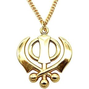 Golden Sikh Punjabi Khanda Hanging Golden Decor with Long Chain for Car's Rear View