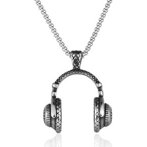Mens Vintage Headphone Pendant Necklace, Stainless Steel Antique Silver Pendant with Wheat Chain, Punk Rock Style for Music Lovers