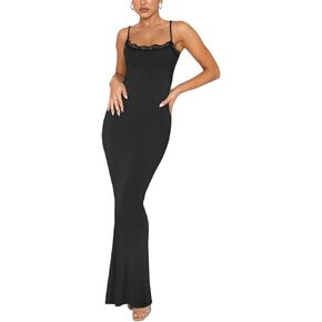 REORIA Women's Summer Lace Slip Lounge Long Dress Sexy Casual Elegant Backless Ribbed Bodycon Maxi Dresses