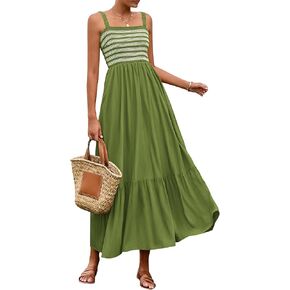 BTFBM Summer Midi Dresses for Women 2025 Spring Sleeveless Square Neck Smocked Flowy Long Beach Vacation Sundress Pocket