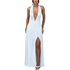 Ekaliy Women's Sexy Halter Deep V Neck Maxi Dress Sleeveless Backless High Slit Ruched Long Dress Summer Party Cocktail Dress in Kuwait
