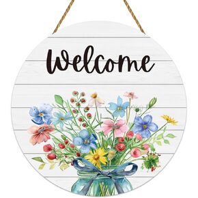Spring Decorations for Home Front Door Decor Mason Jar Flowers Wreaths for Front Door Wooden Spring Welcome Sign Hanger for Farmhouse Wall Porch Indoor Home Decor (Flower)
