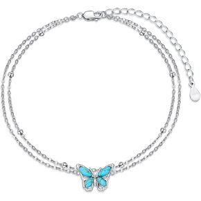 Turquoise Butterfly Anklet 925 Sterling Silver Butterfly Adjustable Layered Foot Anklet Bracelet Beach Summer Jewelry Gifts for Women