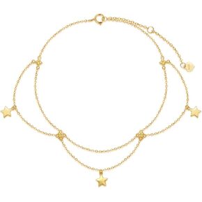SISGEM 14K Real Gold Star/Moon Anklets for Women,Yellow Gold Star Moon Link Ankle Bracelet Tassel Foot Jewerly Gifts for Birthday Mother's Day 8+2 inch