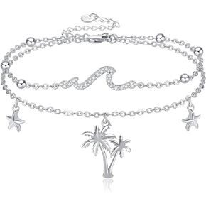 Wave Anklet for Women Sterling Silver Palm Tree Starfish Layered Ocean Beach Jewelry