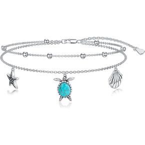سلحفاة البحر Anklet 925 Sterling Silver Varkoine Gemstone Gemstone قابلة للتعديل الطبقات السلحفاة البحرية سوار قدم الشاطئ هدايا المجوهرات الصيفية للنساء