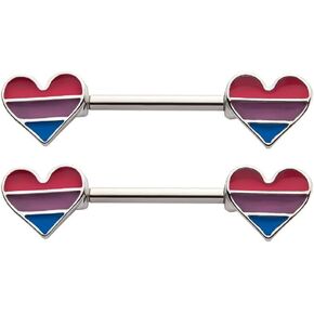 Pierced Owl 14GA Pink Purple and Blue Striped Heart Shaped Bisexual Pride Nipple Barbells, Sold as a Pair