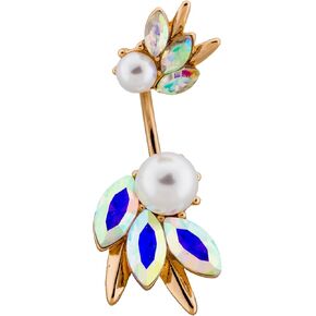 Pierced Owl 14GA Rose Gold Plated Aurora Borealis CZ Crystal Cluster with Faux Pearls Belly Button Ring
