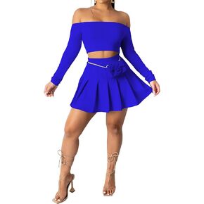 Women 2 Piece Outfits Tennis Golf Skirt Sets Sexy Off Shoulder Crop Top Mini Skater Skorts Skirts Sports Suit Activewear