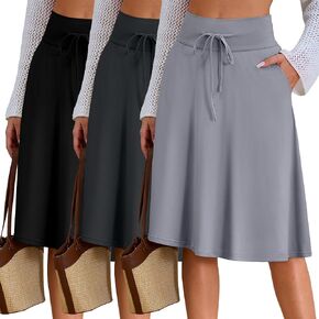Neer 3 Pack Women's Knee Length Midi Skirts, Flowy Flared High Waisted A-Line Casual Drawstring Summer Skirts with Pockets