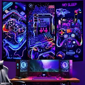 Galoker Blacklight Gaming Tapestry Cool Neon Game Controller Tapestry UV Reactive Gamer Player Wall Tapestries Funder Art Gaming Tapter