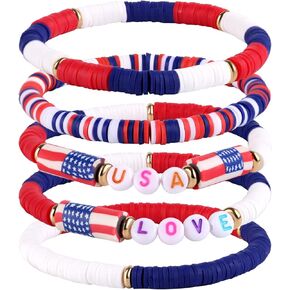 5pcs Love USA Bracelets, 5 Style Independence Day Colorful Red White and Blue Patriotic American Bracelets Elastic 4th/fourth of July Accessories Ideal Jewelry Gift