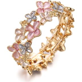 LUREME Gold Sakura Floral Bracelet for Women - Colorful Enamel Flower Stretch Bangle, Adjustable Elastic Cuff (bl003608)