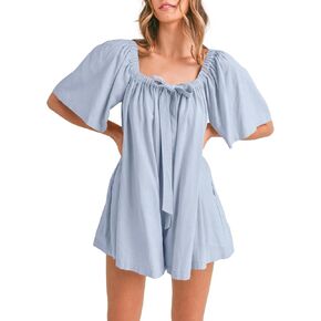 Cicy Bell Womens Summer Square Neck Romper Short Sleeve Backless Tie Front Flowy Short Jumpsuit Beach Vacation Outfits
