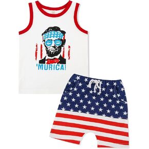 Toddler 4th Of July Outfit Boy Summer Setss Lincoln Sleeveless Top+American Flag Short 2pcs Memorial day Sets