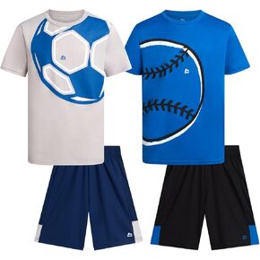 RBX Boys' Active Shorts Set - 4 Piece Sports Poly Interlock Graphic T-Shirt and Athletic Gym Shorts for Boys (Sizes: 4-12)