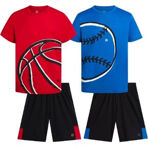 مجموعة السراويل القصيرة النشطة لـ RBX Boys-4 قطعة رياضية Poly Interlock Graphic Shirt و Mostic Gym Shorts for Boys (الأحجام: 4-12) in Kuwait