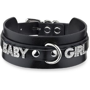 Women's Black Leather Choker Necklace with Rhinestone Letters, Adjustable Punk Gothic Custom Name D-ring Collar Jewelry For Women