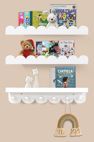 Floating Nursery Book Shelves with Hooks-Scalloped Wall Book Shelves for Bedroom Kids Set of 3, Nursery Furniture Must Have, 16 Inch, White in Saudi Arabia
