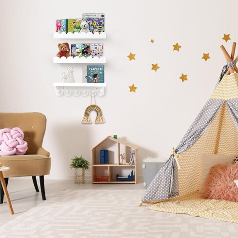 Floating Nursery Book Shelves with Hooks-Scalloped Wall Book Shelves for Bedroom Kids Set of 3, Nursery Furniture Must Have, 16 Inch, White in Saudi Arabia
