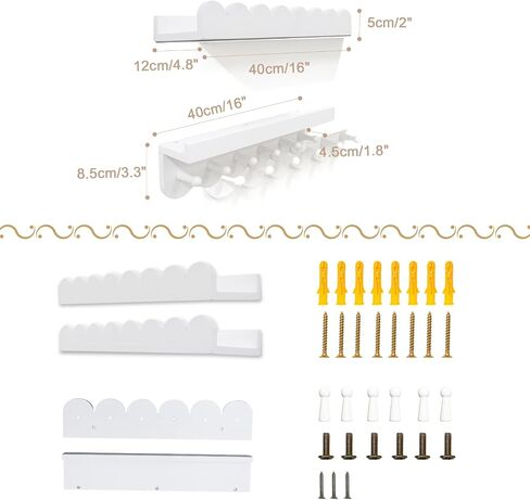 Floating Nursery Book Shelves with Hooks-Scalloped Wall Book Shelves for Bedroom Kids Set of 3, Nursery Furniture Must Have, 16 Inch, White in Saudi Arabia