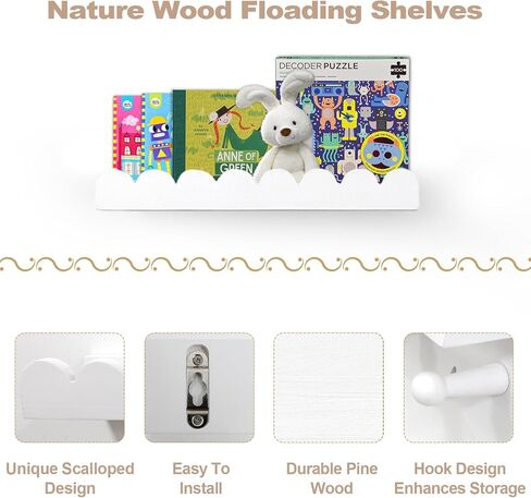 Floating Nursery Book Shelves with Hooks-Scalloped Wall Book Shelves for Bedroom Kids Set of 3, Nursery Furniture Must Have, 16 Inch, White in Saudi Arabia