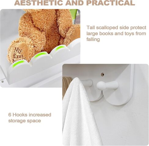 Floating Nursery Book Shelves with Hooks-Scalloped Wall Book Shelves for Bedroom Kids Set of 3, Nursery Furniture Must Have, 16 Inch, White in Saudi Arabia