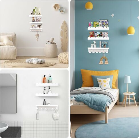 Floating Nursery Book Shelves with Hooks-Scalloped Wall Book Shelves for Bedroom Kids Set of 3, Nursery Furniture Must Have, 16 Inch, White in Saudi Arabia