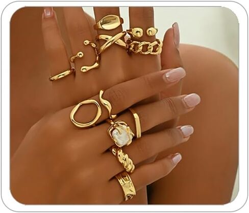 3-12PCS Gold Chunky Rings For Women 14K Gold Plated Stacking Ring Set Open Dome Knuckle Rings Adjustable Chunky Signet Rings Irregular Skeleton Geometric Stacking Ring Set in Kuwait
