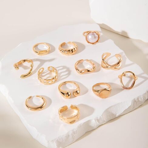 3-12PCS Gold Chunky Rings For Women 14K Gold Plated Stacking Ring Set Open Dome Knuckle Rings Adjustable Chunky Signet Rings Irregular Skeleton Geometric Stacking Ring Set in Kuwait