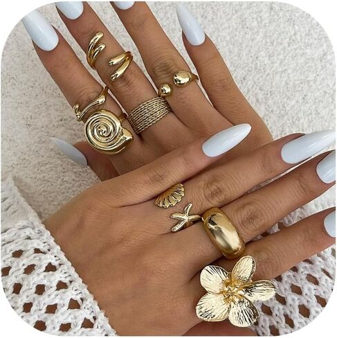Huasai Gold Chunky Beachy Rings Dainty Seashell Shell Shell Flower Ring Flower Rings Boho قابلة للتكدي in Kuwait
