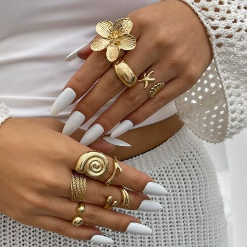 Huasai Gold Chunky Beachy Rings Dainty Seashell Shell Shell Flower Ring Flower Rings Boho قابلة للتكدي in Kuwait